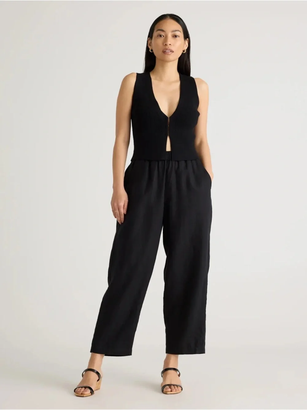Quince European Linen Black Cropped  Pull-On Pants ankle length